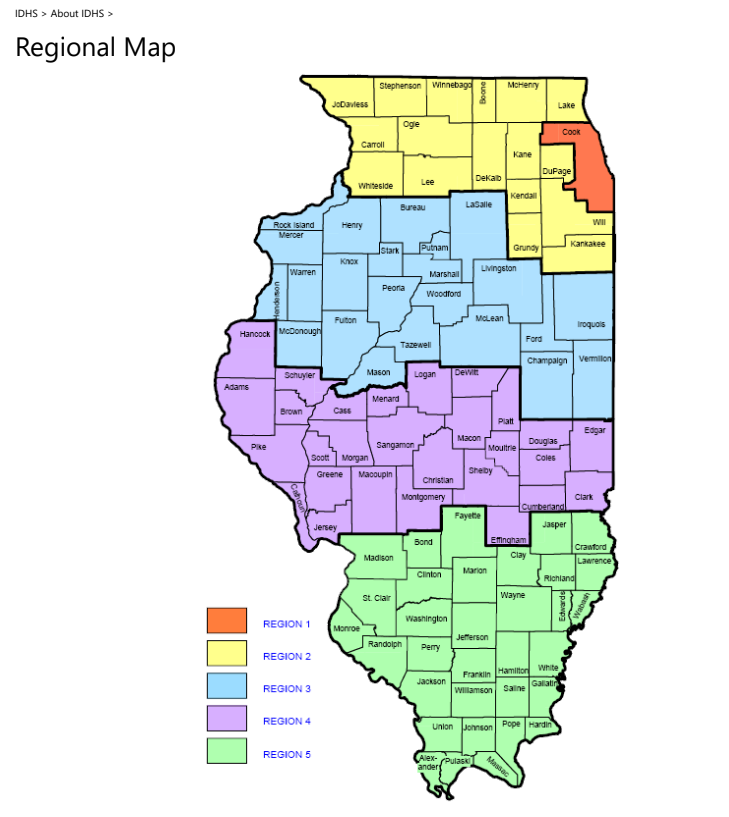 Illinois Department of Human Services regional map showing regions 1 through 5