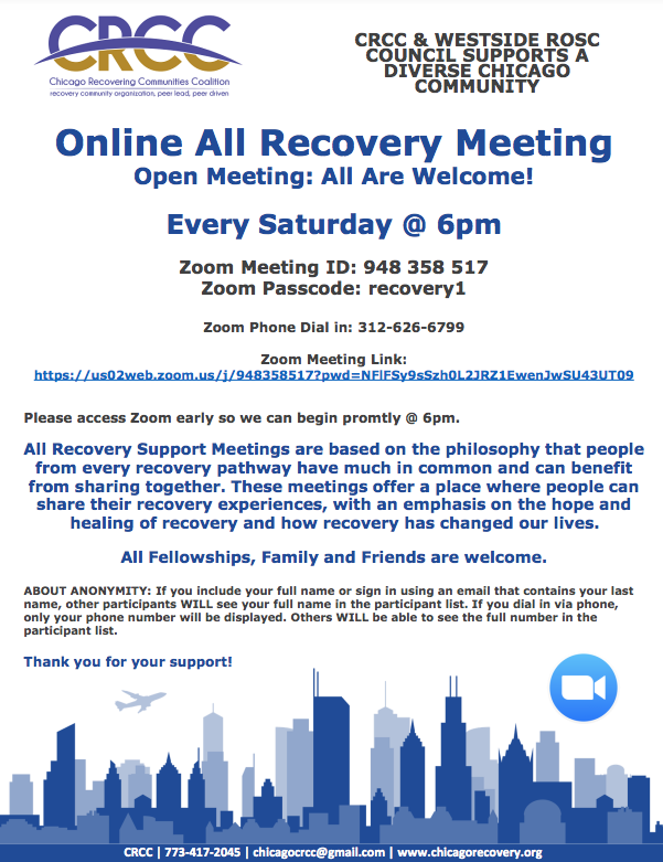 Online All Recovery Meeting flyer. Every Saturday at 6pm. Zoom meeting ID 948 358 517, passcode recovery1. Phone dial-in: 312-626-6799. All fellowships, family and friends are welcome.